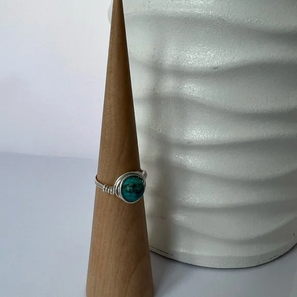 Cyan Blue Turquoise Sterling Silver Wire Wrap Ring - Picture 12 of 12